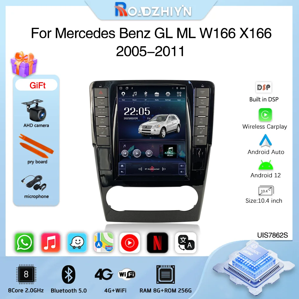 

Автомобильный мультимедийный видеоплеер, экран 10,4 дюйма, Android 12, для Mercedes Benz GL ML W166 X166 2005-2011, GPS навигация Carplay, камера 4G 360