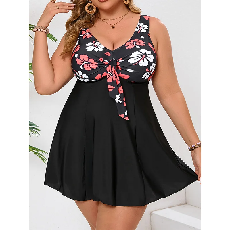 5XL Plus Size Women Skirted One Piece Swimsuit Floral Print V Neck Front Knot Tummy Control A Line Bathing Suit