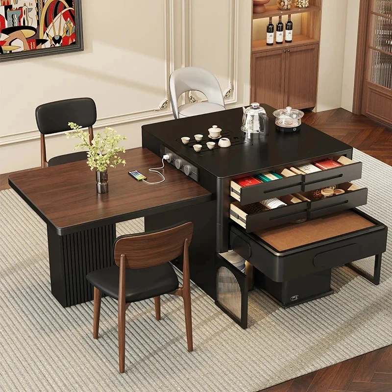 (Sea shipping) Remote control lifting mahjong table retractable island integrated black walnut solid wood dining table chess and