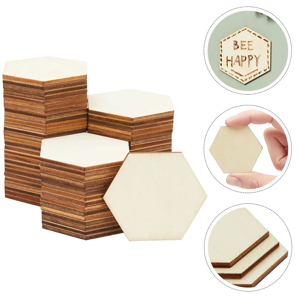 

100 Pcs Wood Craft Material Blank Slices Hexagon Unfinished DIY Cutouts Crafts Wooden Embellishments