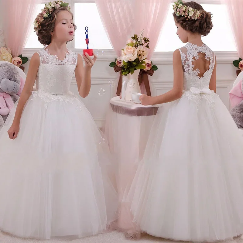 ชุดเดรสดอกไม้สําหรับงานแต่งงานดูผ่านลูกปัด Puffy Little Girls ชุดเด็กวัยหัดเดิน First Communion Gowns