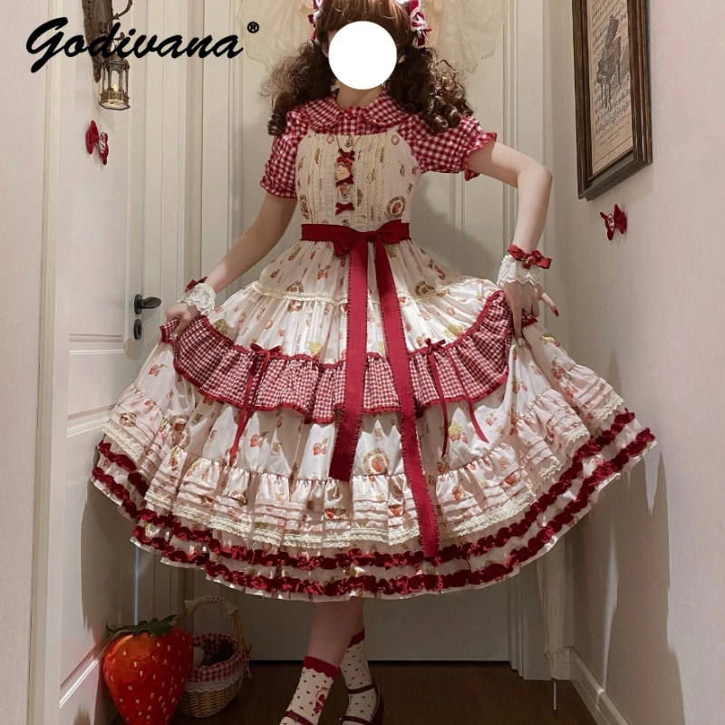 

Original New Summer Lolita Strawberry Sleeveless Long Dress Sweet Bow Women Girls Lace Splicing Vintage Jsk Dresses