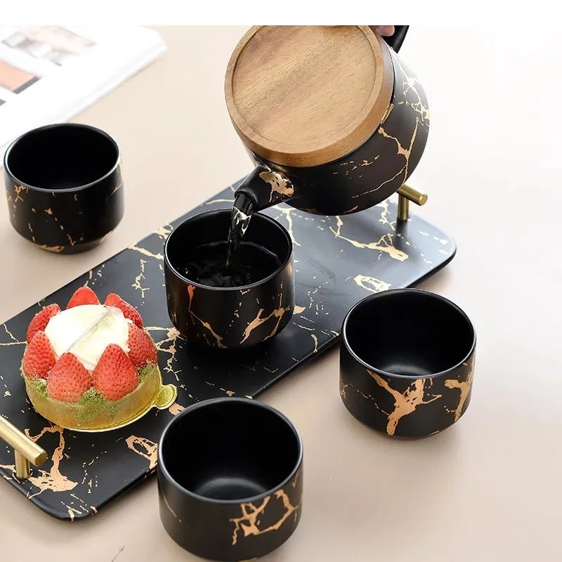 Imitation Marble Ceramics Kung Fu Teapot 700ml with Tray One Pot and Four Cups Travel Tea Cup Handmade Set