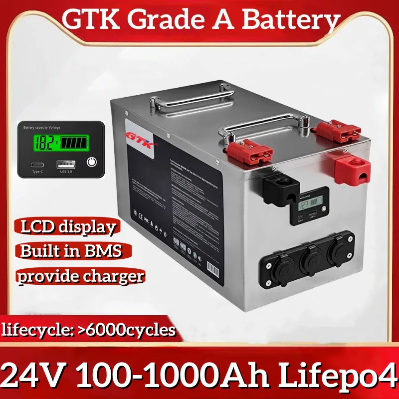 GTK 24V 100Ah Lifepo4 Battery 200Ah 300Ah 400Ah 500Ah 600Ah 800Ah 1000Ah Lithium Iron Phosphate for 2KW Solar System RV Outdoor