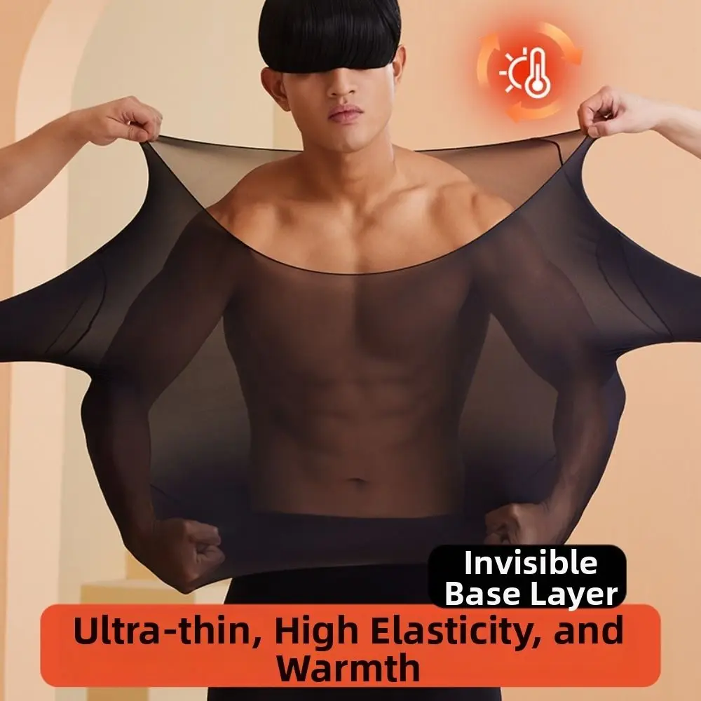Tops and Pants Men Thermal Clothes Low Neck Ultra-thin Invisible Thermal Underwear Lingerie Feel Heating Warmth Long Pants