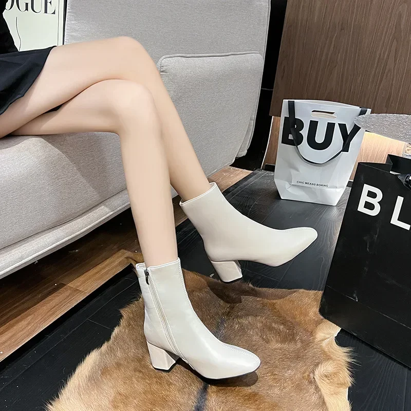 Leather Medium Heeled Short Boots for Women PU Soft Ankle Boots Side Zipper Comfortable Office Women Shoes Square Ladies Boats