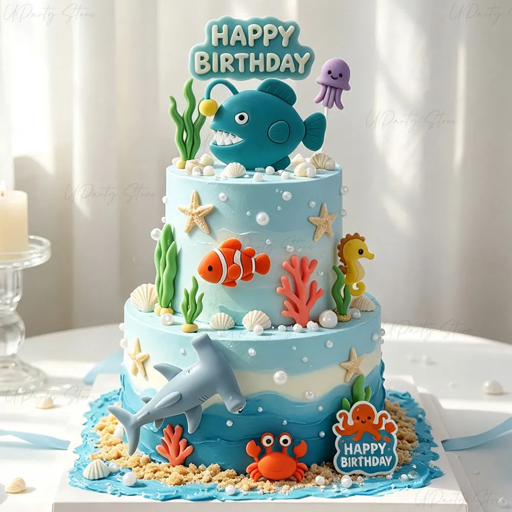 10/18 Stück Ozean-Tierfiguren zur Kuchendekoration: Hai, Tintenfisch, Koralle, Seegras für Unterwasser-Geburtstagstorten – Detail 1