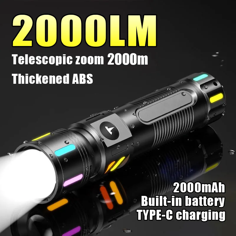 

New 2000M Mini Flashlight Compact Portable High Power LED Torch Light Waterproof Zoom Rechargeable Lamp for Outdoor Adventure