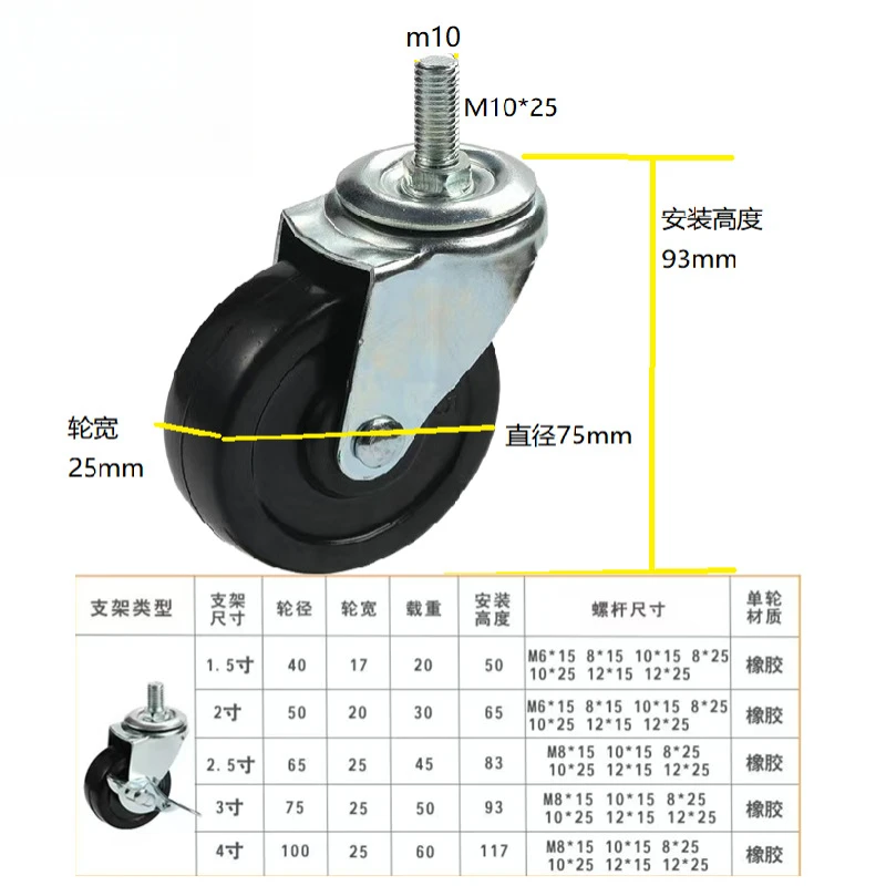 Silent casters, 3-inch screw rubber universal wheels, brake type furniture wheels for shelf, cabinet and display rack