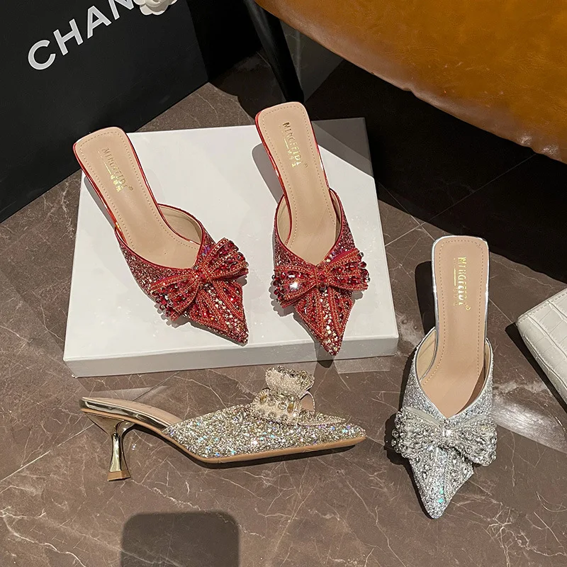

Fashionable Summer High Heel Sandals Women's Pointed Toe Wrap Head Thin Heel Slippers Diamond Knot Half Slippers
