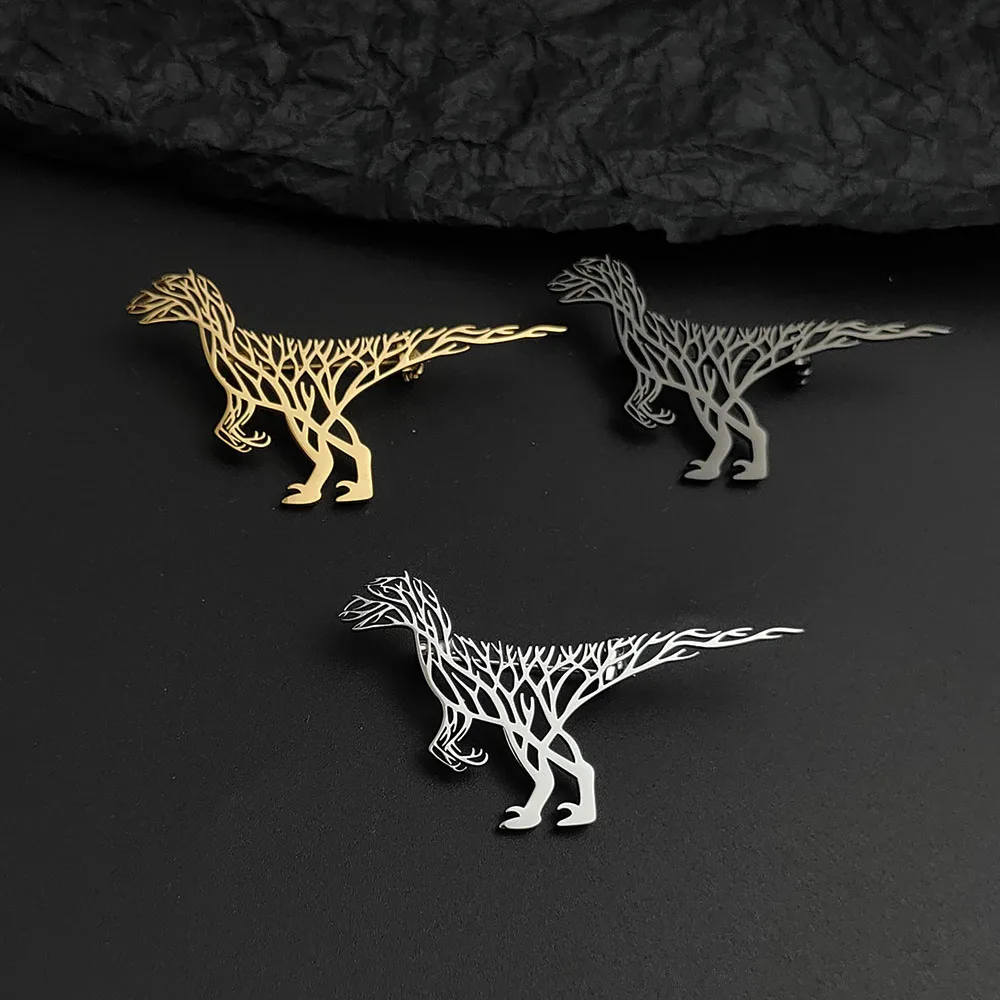 Creative tree texture golden dinosaur stainless steel brooch, fashionable suit lapel pin, clothing bag badge, gift for friends.