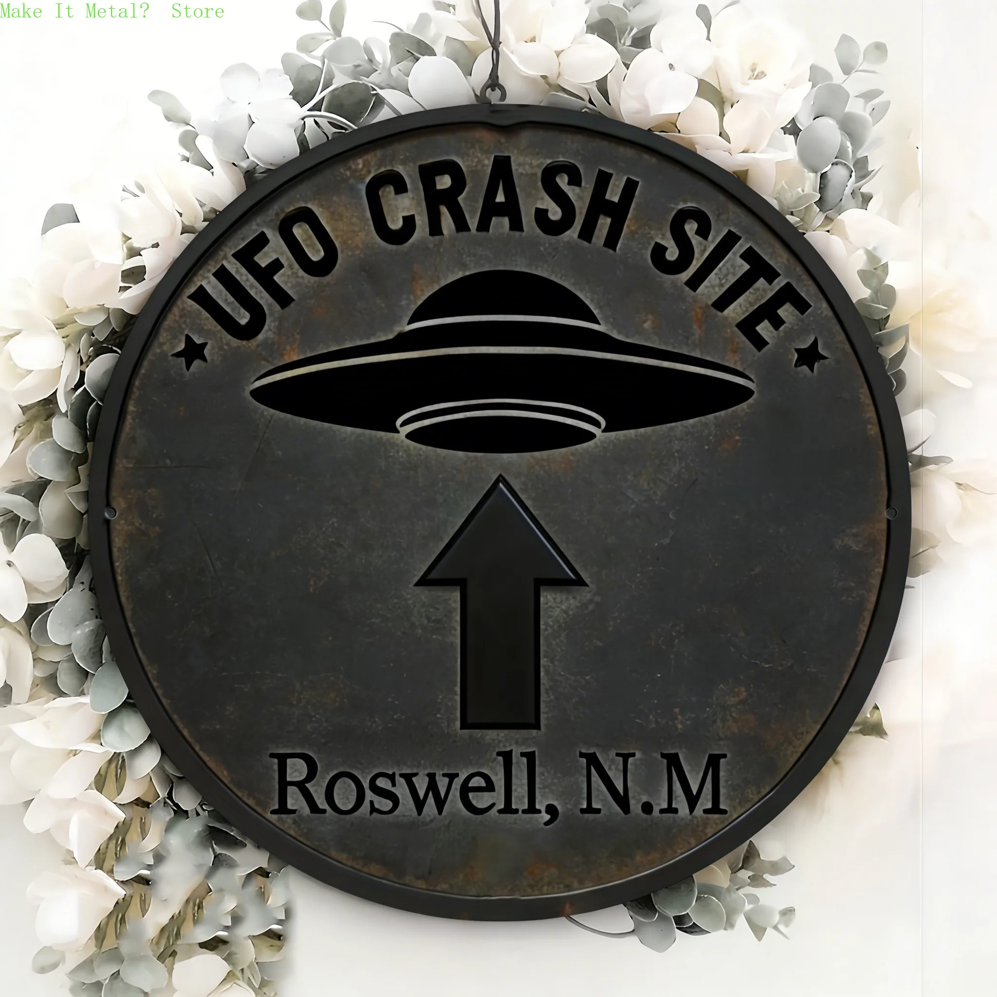Placa Decorativa de Metal Redonda Plana 2D com Efeito Envelhecido - Tema Alienígena e OVNI Retrô de Ficção Científica, com o Tema do Local do Acidente de Ovni em Roswell, N.M.