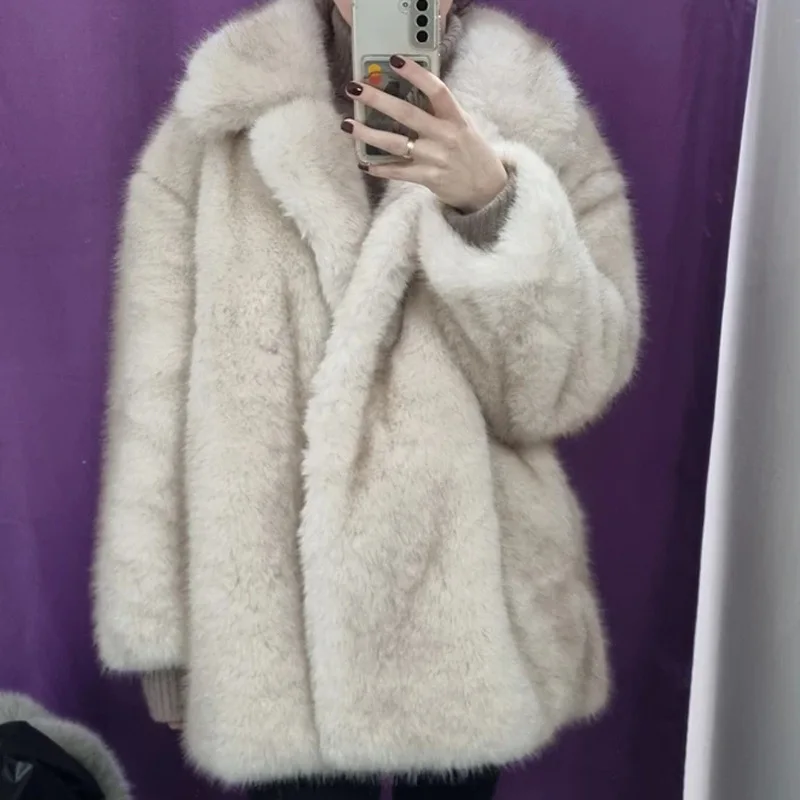 

Faux Fox Fur Coats Women Solid Fur Jackets Lapel Collar Long Sleeves Open Stitch Thick Warm Fur Loose Casual 2025 Autumn Winter