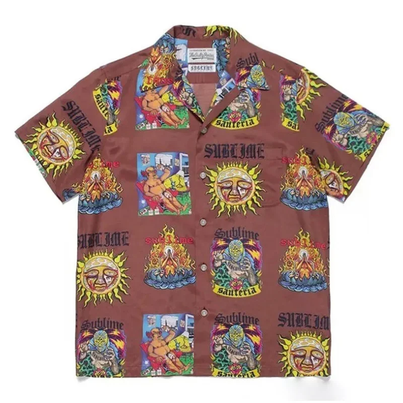 

Рубашка WACKO Мари, лучшее качество, с принтом солнца, головы тигра, черепа, гавайский пляжный отворот, Повседневная парная Мужская и женская рубашка с коротким рукавом