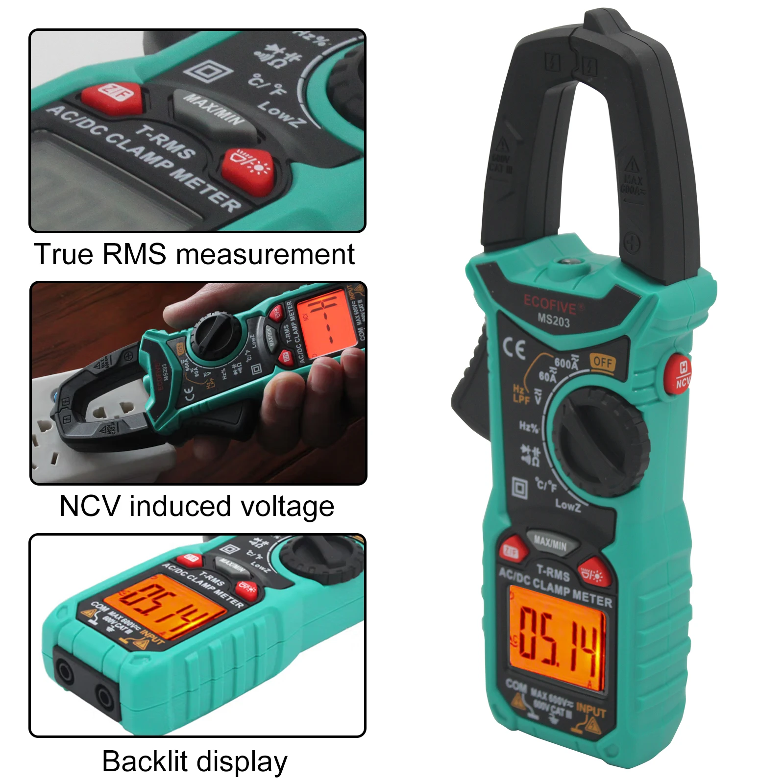 MS203 Digital Current Clamp Meter AC/DC Current Voltage 6000 Counts NCV Trms USB Clamp Meter Mulitimeter Tester