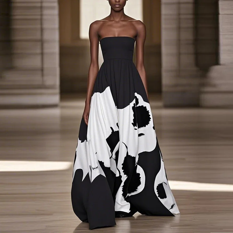 

Tinaa New Women Summer Tube Top Maxi Dresses Wedding Evening African Black Printed Vintage Loose Sexy Floor Length Dress Female