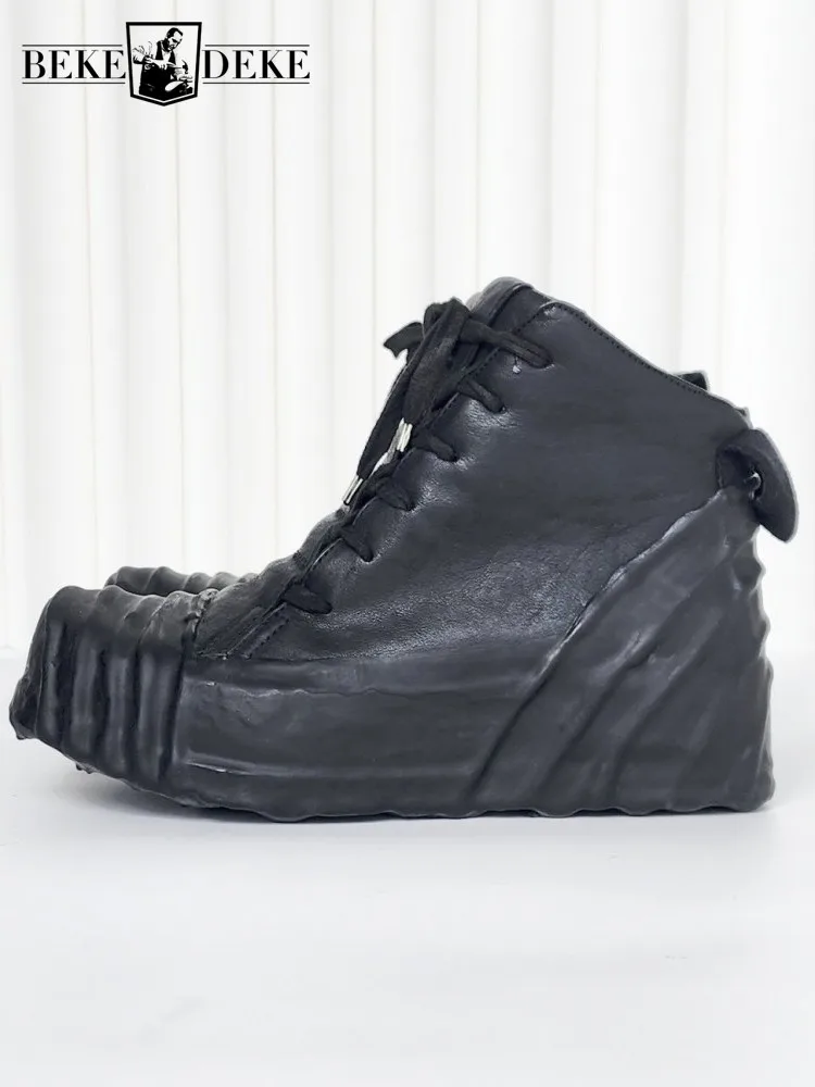 Retro Genuine Leather Round Toe Male Comfortable Mid Heel Casual Shoes Solid Color Horsehide Lace-Up Height Increase Footwear