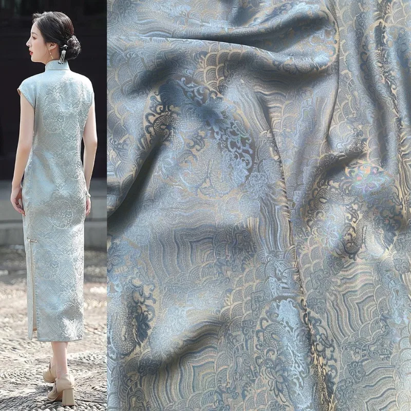 

Rayon Wave Jacquard Fabric Dragon Glossy By The Meter for Shirt Cheongsam Hanfu Vest Pants Diy Sewing Smooth Opaque Cloth Blue