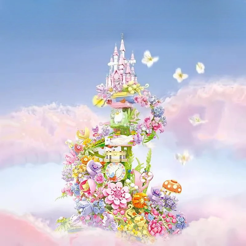 SEMBO-bloques de construcción de castillo de flores fantásticas, modelos de arquitectura, adornos para el hogar, regalos para niñas, juguetes para niños