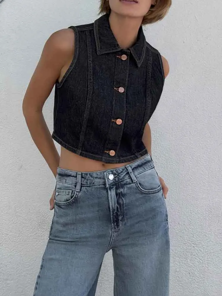 

European style new women's fashion versatile temperament simple short lapel sleeveless denim vest