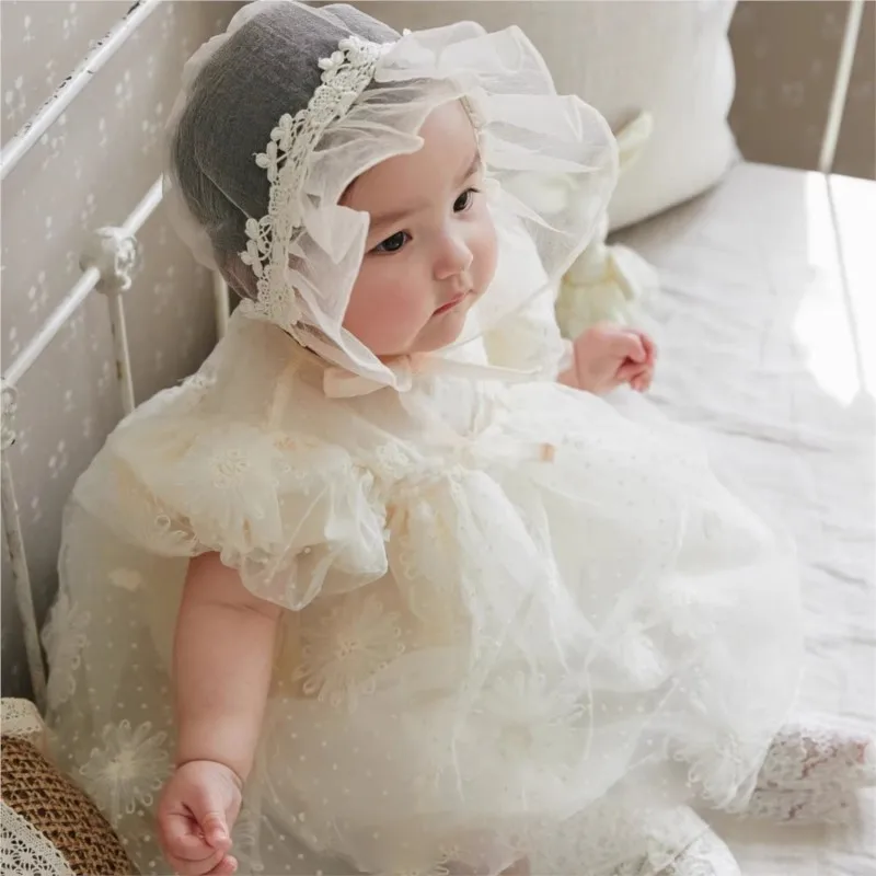 Baby Girl Cotton Princess Embroidery Floral Tulle Dress Infant Toddler Puff Sleeve Lace Vestido Party Summer Baby Clothes 3M-2T