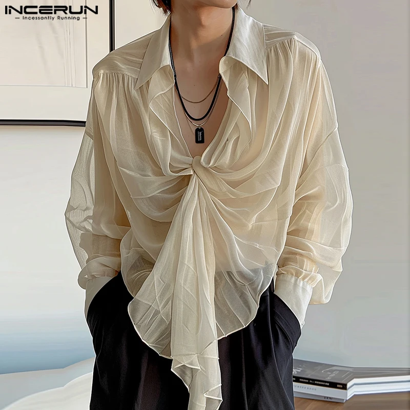 2024 INCERUN Sexy Mannen Shirts Met Lange Mouwen Casual Chiffon Perspectief Tops Koreaanse Stijl Mode Eenvoudige Elegante Vintage Streetwear