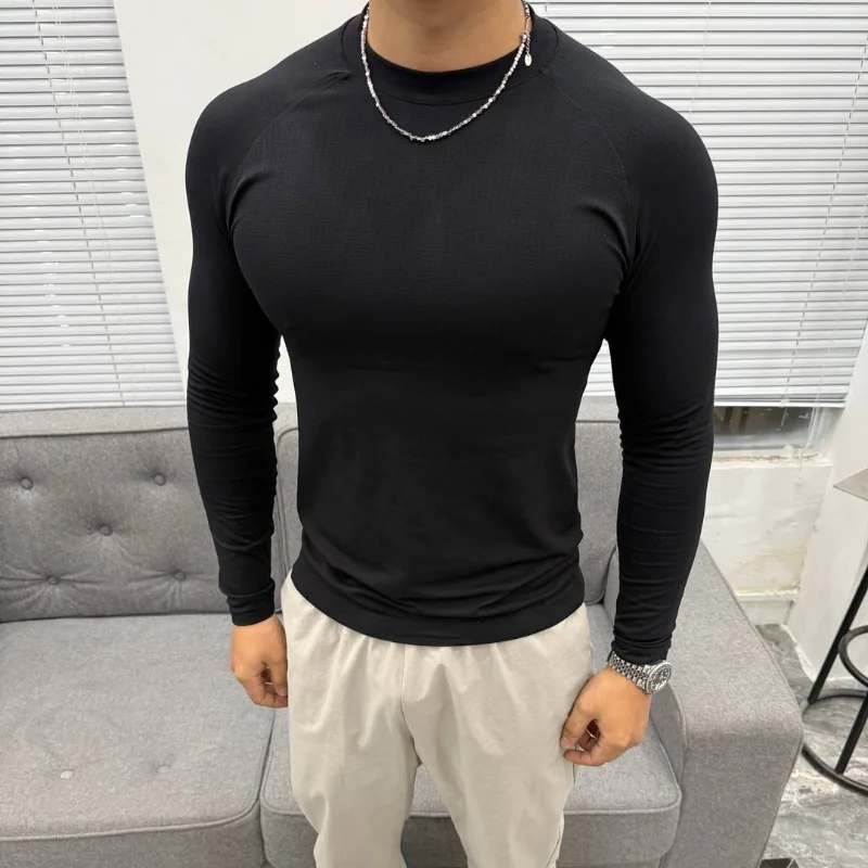 T-shirt manches longues en Jacquard pour hommes, décontracté, sans couture, coupe cintrée, respirant, séchage rapide, extensible, haut d'entraînement physique