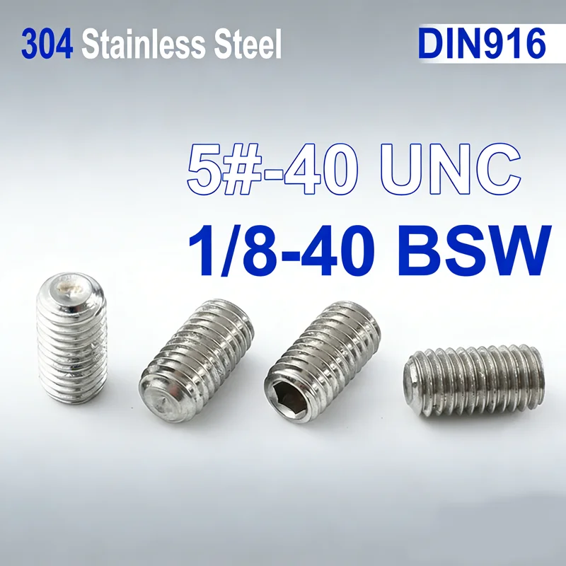 

DIN916 20Pcs/Lot 5#-40 UNC 1/8-40 BSW SUS304 A2 Stainless Steel Hex Socket Set Screws with Cup Point Headless Grub Boltss