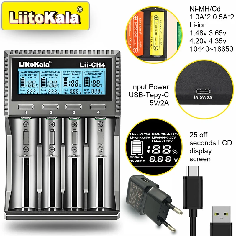 LiitoKala Lii-CH4 slimme oplader voor 18650/21700/26650/AA/AAA/Ni-MH/Li-ion, 1,2 V/1,5 V 4-slots snel opladen, USB-C, automatisch detecteren
