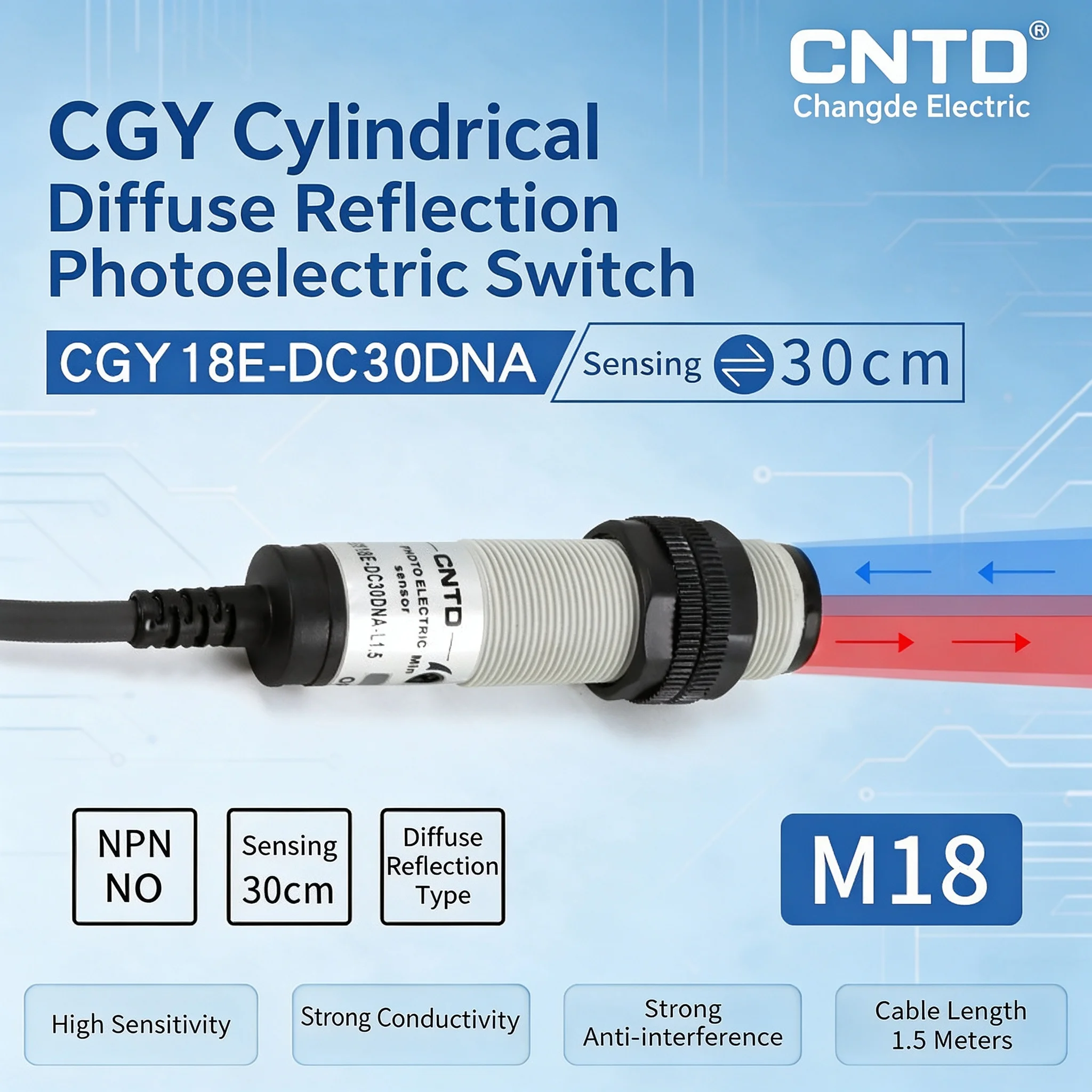 CNTD Cylindrical Diffuse Photoelectric Switch CGY18-D30DNA, 3-wire NPN, Diffuse Reflection, 10-30V, Sensing Distance 10-30cm