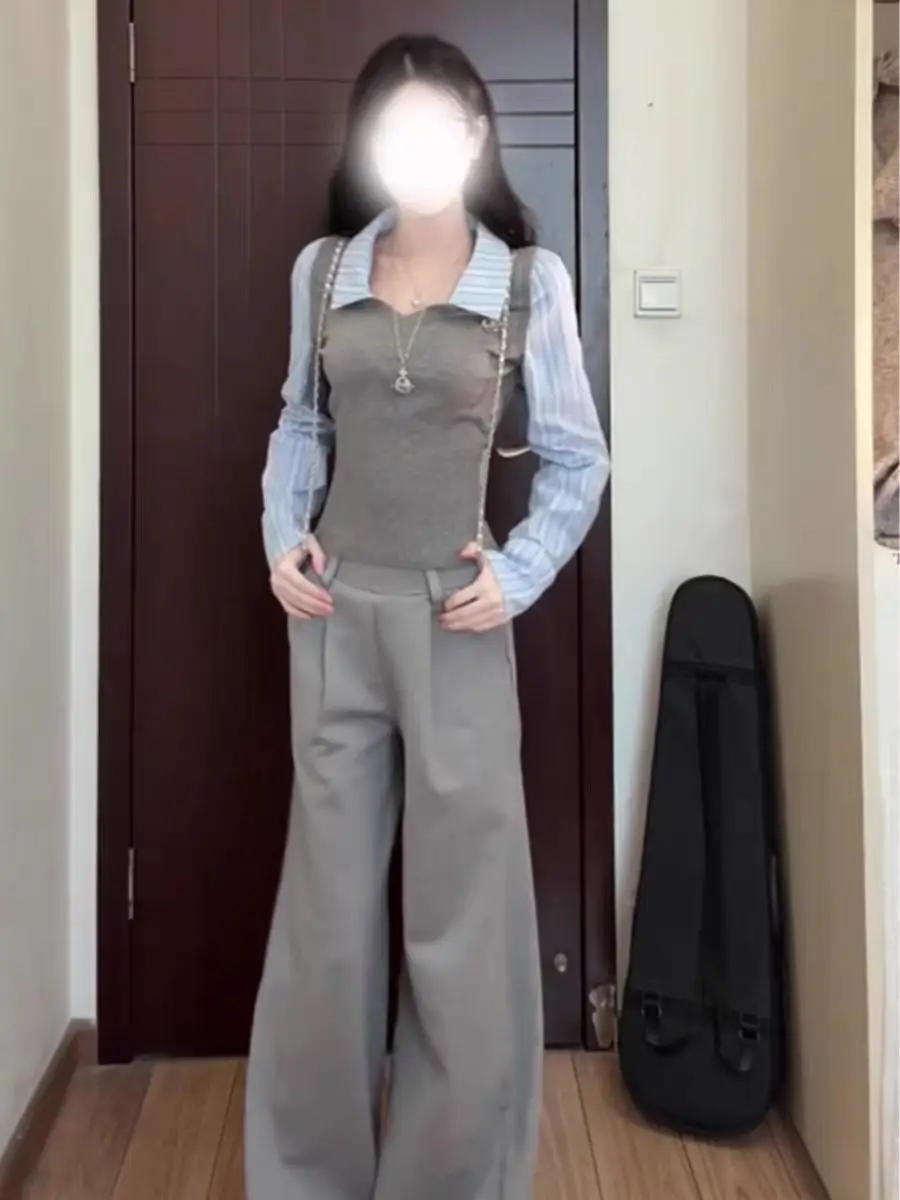 

Korean College Style Short Length Knitted Long Sleeve Shirt Collared Slim Fit Women's Autumn Winter Fashion Top Piece Look