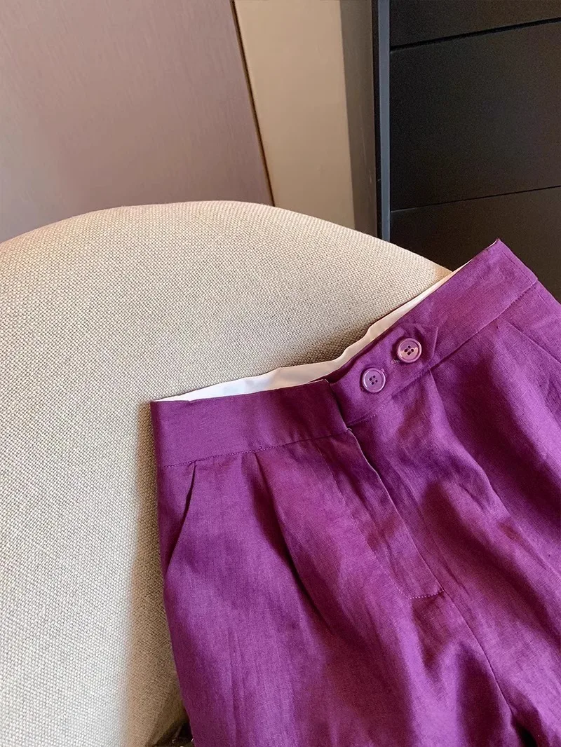 Plones Anchos de Lino Color Mo Uva Retro, Cintura Alta, Cortos, Casus, de Verano, Diseño Sensacional, Es, C...