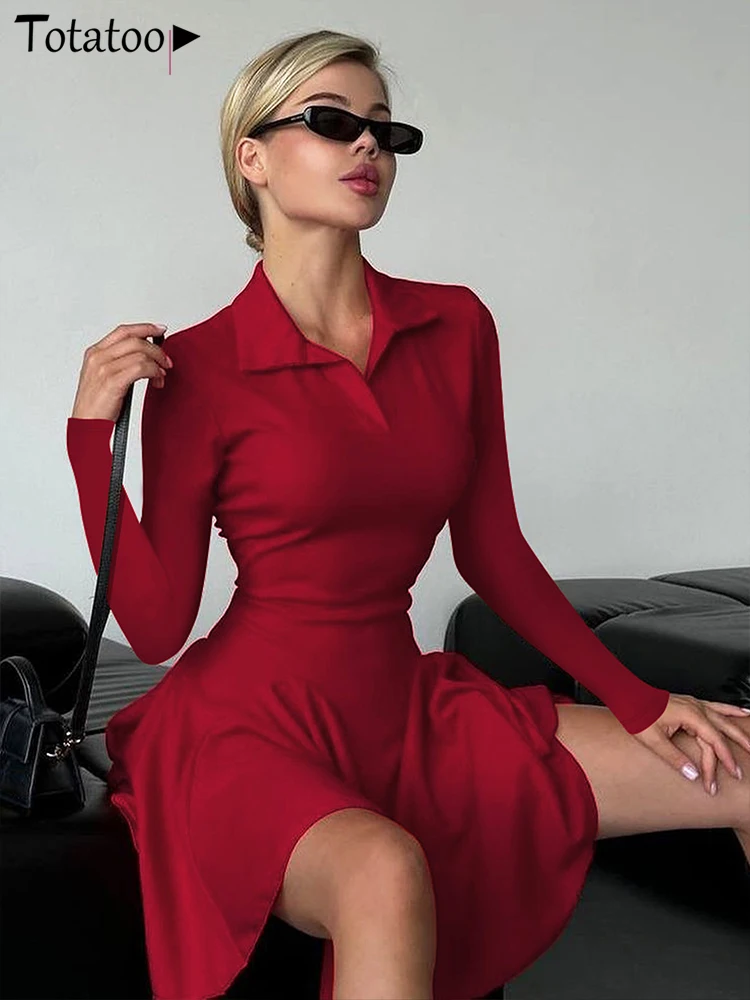 Totatoop Autumn Winter Rib Knitted Polo Pleated Dress For Women 2024 Long Sleeve Slim Waist A Line Solid Dress Streetwear Casual