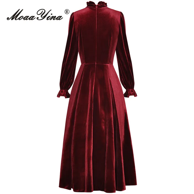 MoaaYina Autumn Fashion Designer Wine Red Vintage Velvet Dress Women's Ruffles Collar Single Breasted High Waist Slim Long Dress