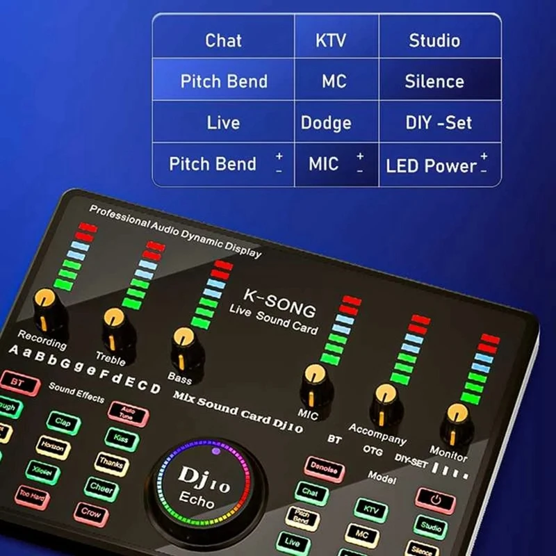 DJ 10 Sound Card For Karaoke Podcast Recording Live Streaming Mixed Noise Control Core, Wireless Bluetooth
