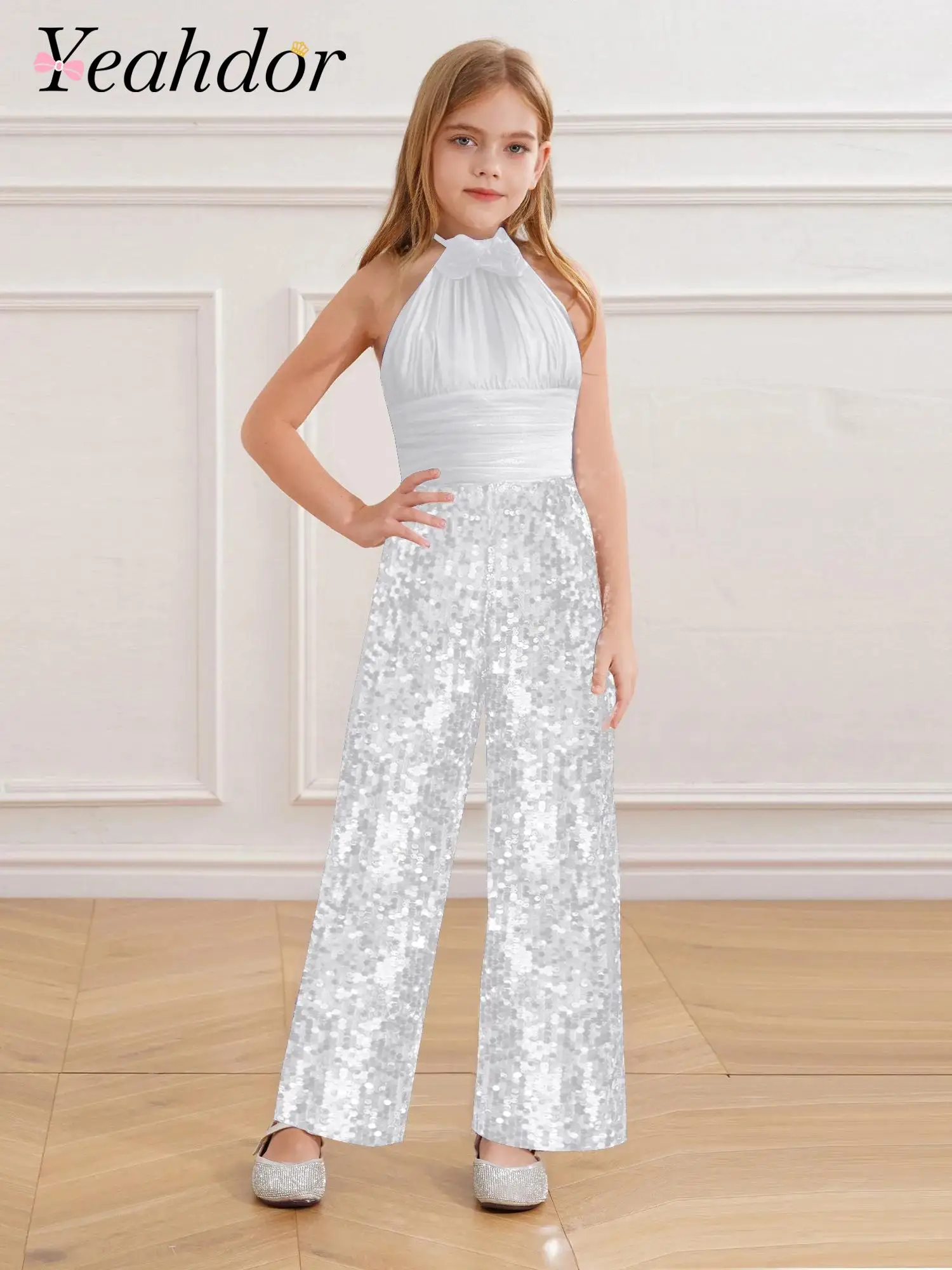 

Sequin Kids Party Jumpsuit Halter Romper Long Leg Pants for Christmas Wedding Costume Stage Performance Birthday Ball Gown