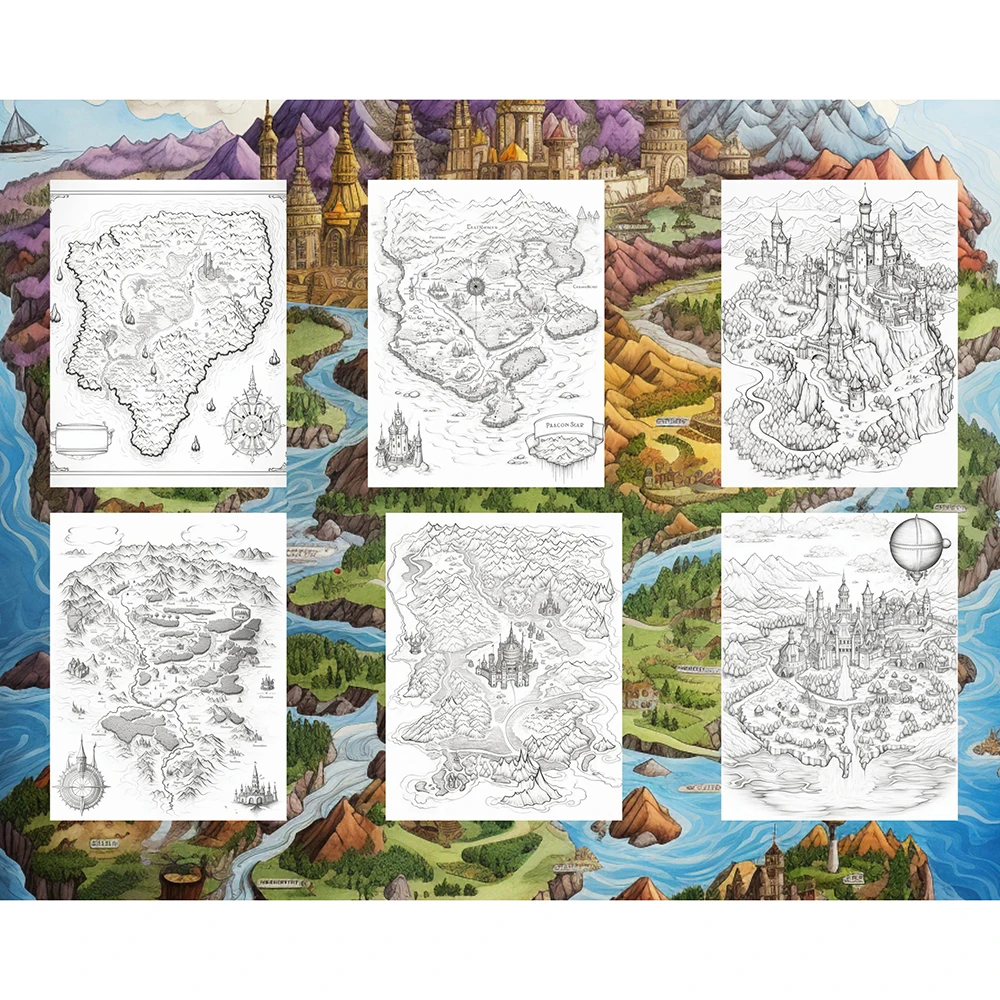 50 Fantasy Map Coloring Pages A4 Size Coloring Book Fantasy Coloring Cards Sheets 50 high-quality grayscale showcases intricate image 2