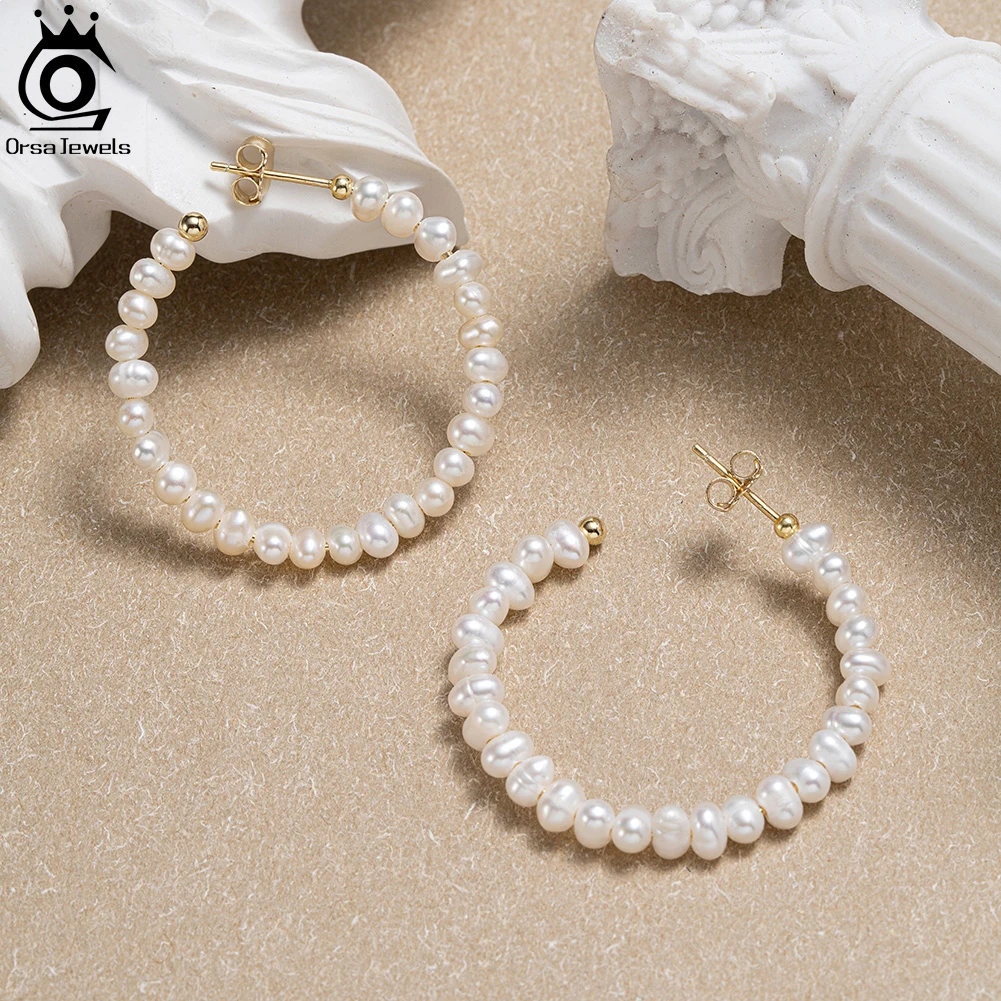 ORSA JEWELS 925 Sterling Silver Round Pearl Hoop Earrings for Women 4mm Irregular Baroque Pearl Ear Buckle Wedding Jewelry GPE69