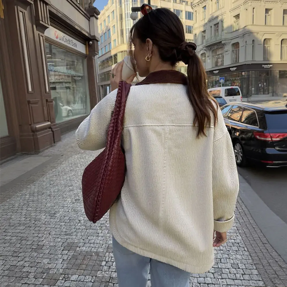 KIDCRKJ Autumn Women Corduroy Coat Color Blocked Single Breasted Big Pockets Jacket For Lady Commuting Versaitle Female Outwear