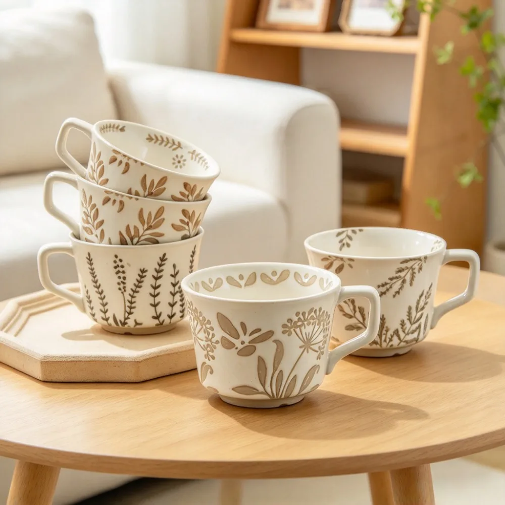 Retro Embossed Aquatic Weed Ceramic Mug Stylish Breakfast Oatmeal Milk Coffee Cup Tabletop Home Decor Sweet Holiday Gift