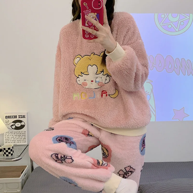 Fleece Pajamas For Women Winter Warm Sleepwear Kawaii Pyjama 2 Pieces Home Clothes Cute School Girls Nightwear Cozy Flannel Suit