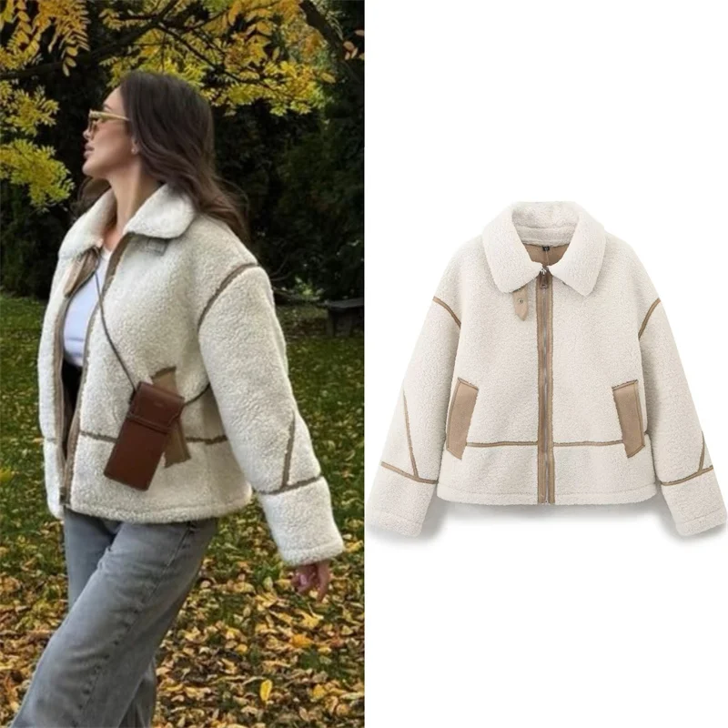 

Women's Jacket 2025 Winter New White Long-Sleeve Double-Sided Fleece Warm Loose Coat Casual Fashion Versatile