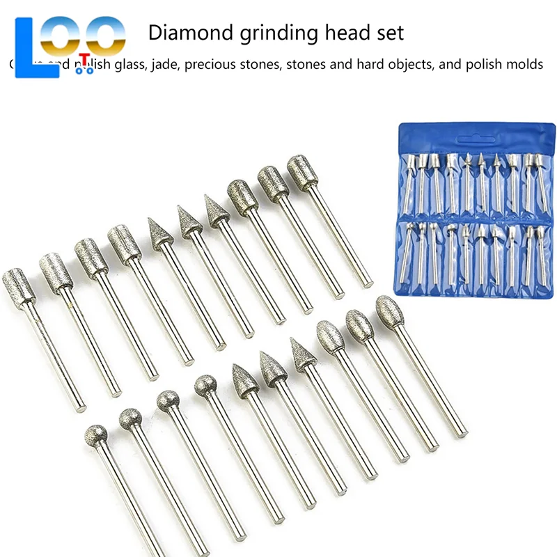 20 шт., набор алмазных сверл, шлифовальных бит, мини-сверла, набор заусенцев для вращающегося инструмента, шлифовальные принадлежности, хвостовик 3 мм