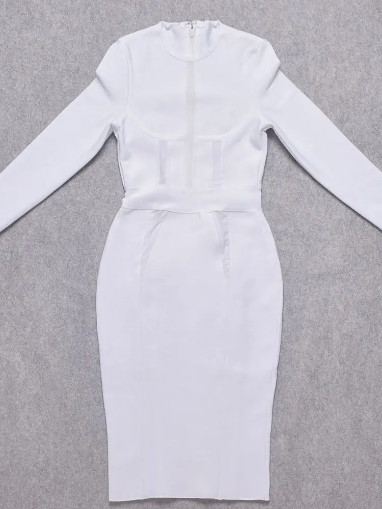 الخريف الربيع الشتاء Bodycon الجوف خارج فستان مثير كم طويل الأبيض شبكة HL ضمادة فستان بالجملة XL ماكسي فيستدوس