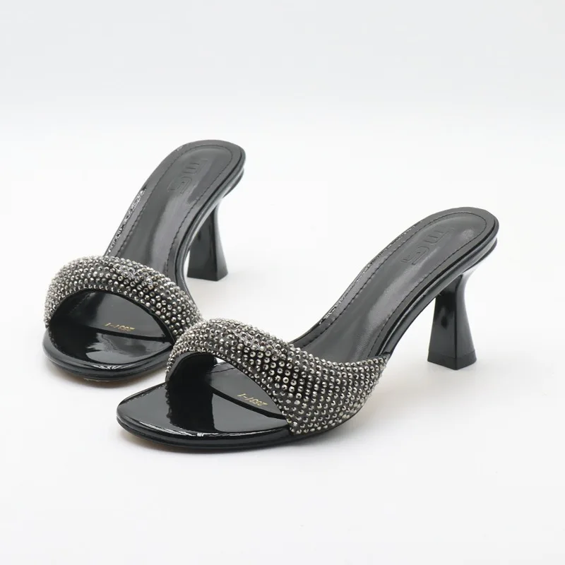 Designer Slippers Fashion Rhinestone High Heel Slipper Summer Open Toe Mules Slippers for Women Sexy Slingback High Heel Sandals