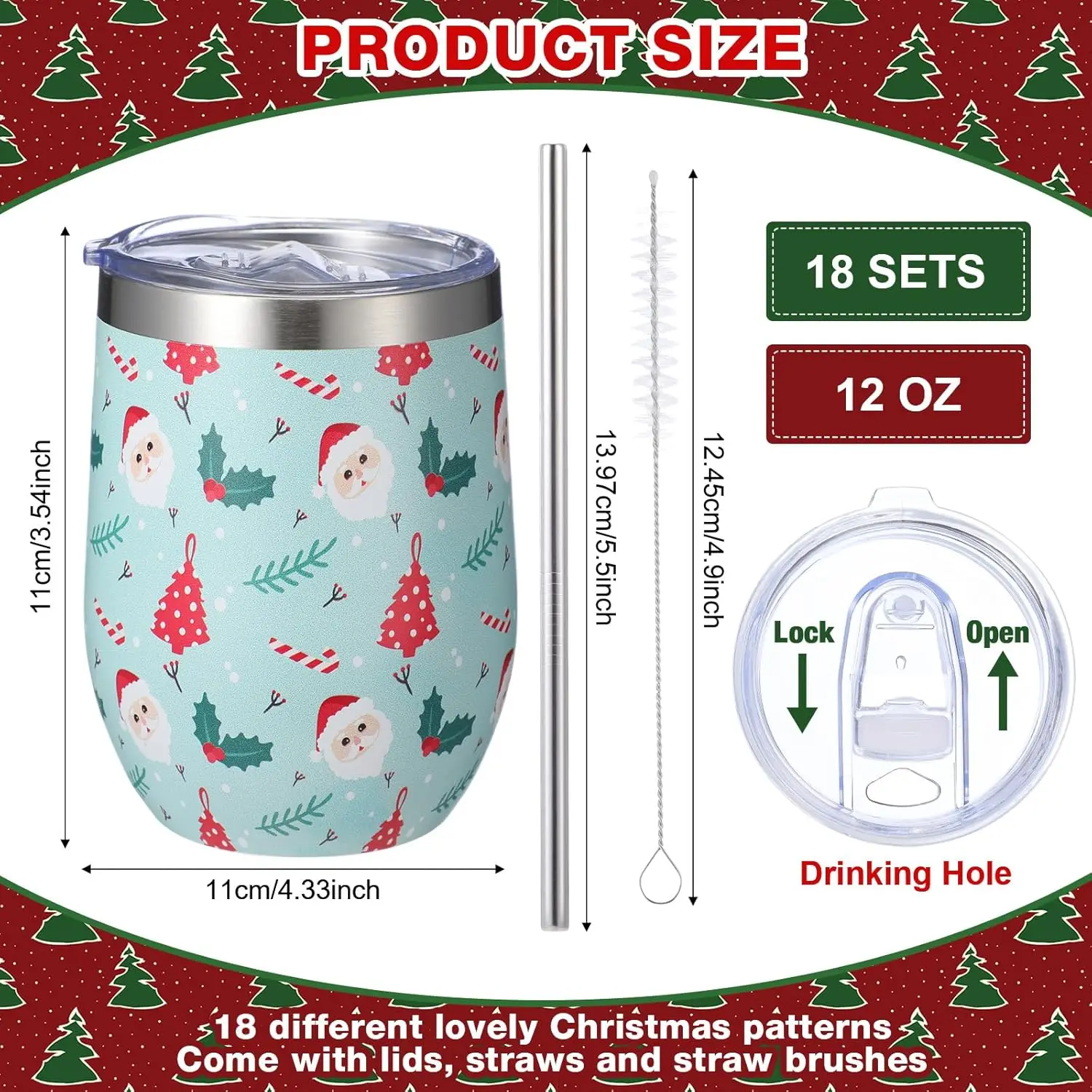 18 Pieces Christmas Wine Tumbler Set 12 oz Xmas Funny Insulated Coffee Tumbler Cup Mug with Straw and Brush