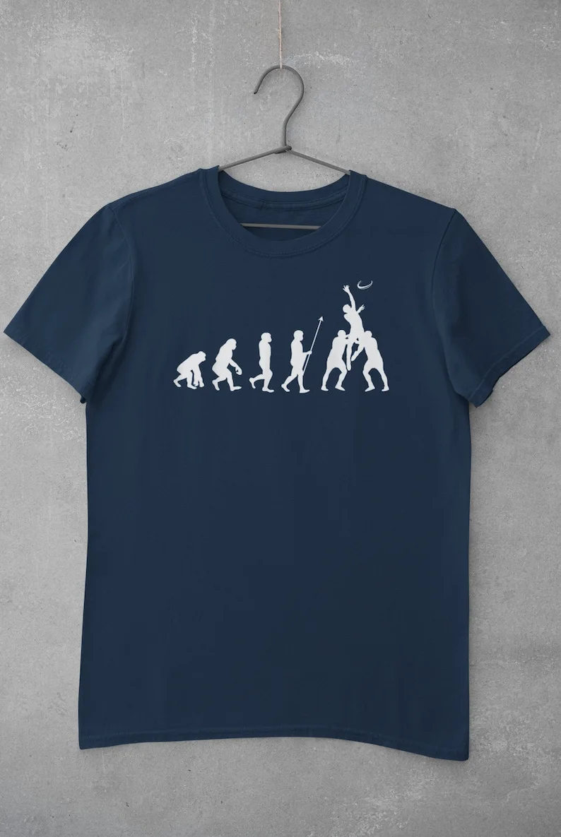 Rugby T Shirt Evolution of Rugby from ape through prehistoric man to rugby players catching ball at lineout EV5