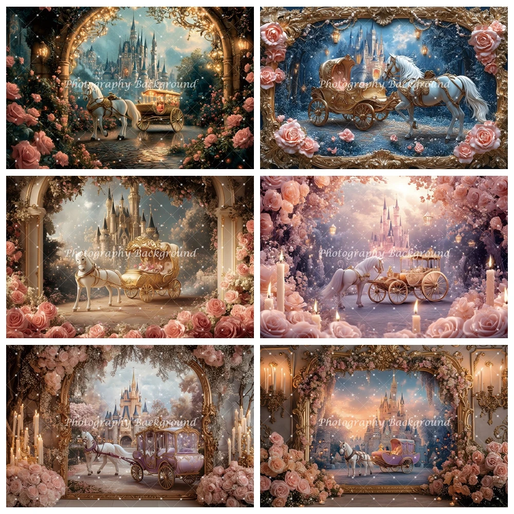

Princess Castle Unicorn Backdrop Girls Birthday Decoration Fairy Tale Wonderland White Horse Carriage Photography Backgrounds