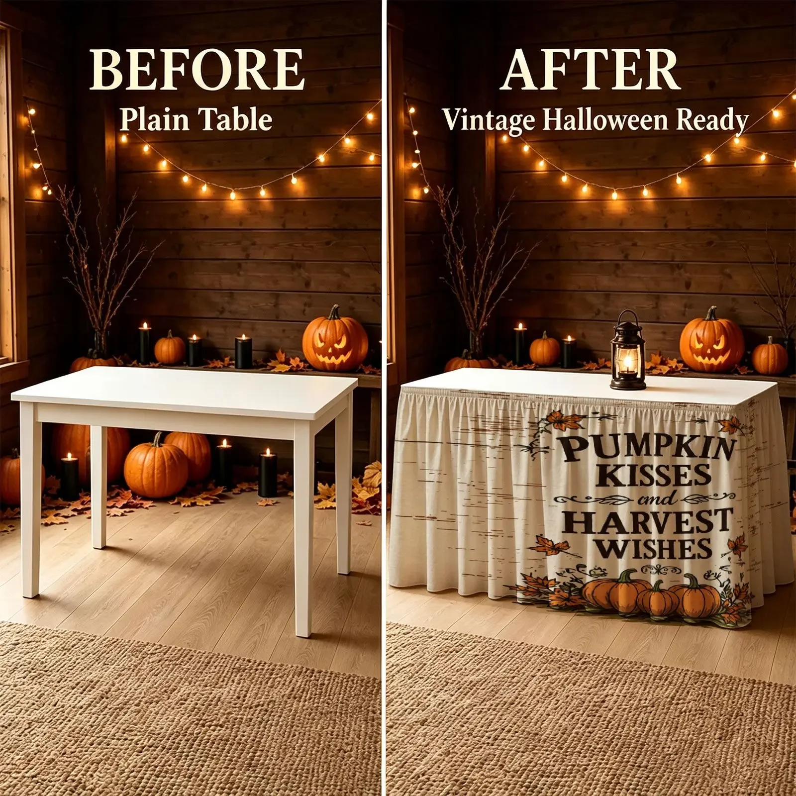 Halloween, Christmas, Party Scary Table Skirt Set - Pumpkin Kiss and Harvest Wishes