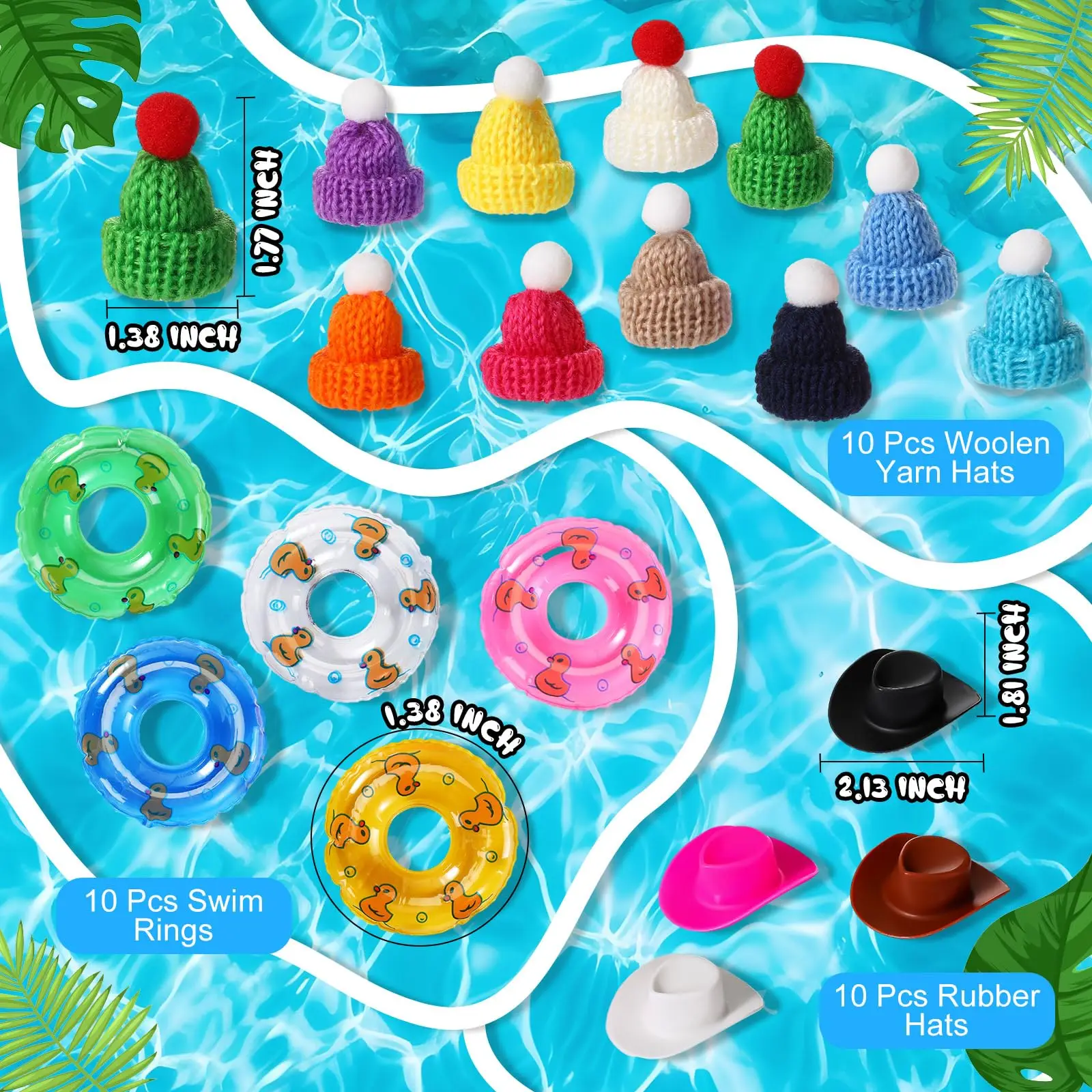 140Pcs Rubber Mini Duck Bulk Summer Rubber Duck Sunglasse/Necklace/Hat/Swim Circle/Hat/Bath Toy for Baby Shower Swim Party Gift